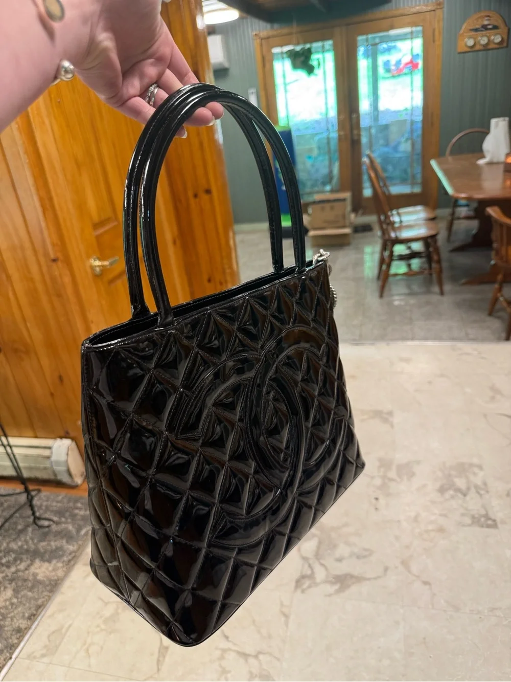 CHANEL Black Quilted Patent Shoulder Tote with Logo Charm